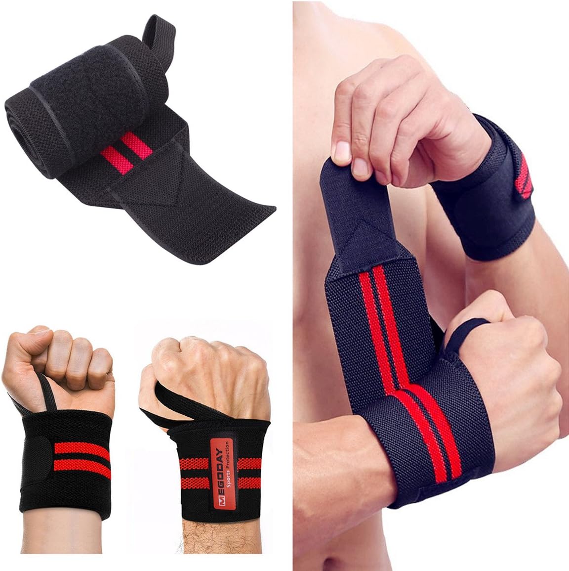 Professional Grade Wrist Wraps Support 24" with Thumb Loops - 1 Pair for Men and Women - Ideal for Weight Lifting, Crossfit, Powerlifting, Strength Training - Wrist Wrap Braces by MEGODAY