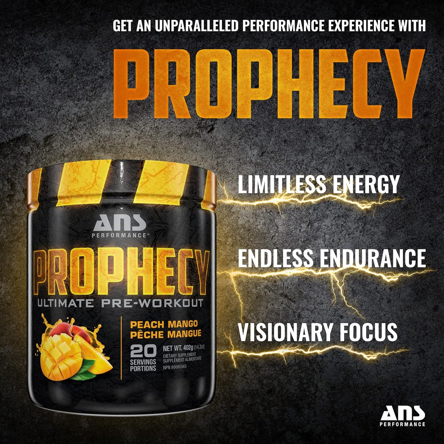 Prophecy Pre Workout Powder - Gluten Free Energy Formula - 20 Servings, 14.5 oz - Increase Power & Workout Volume - Peach Mango Flavor