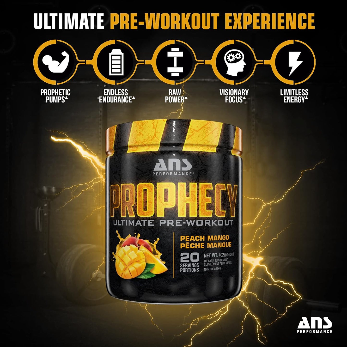 Prophecy Pre Workout Powder - Gluten Free Energy Formula - 20 Servings, 14.5 oz - Increase Power & Workout Volume - Peach Mango Flavor