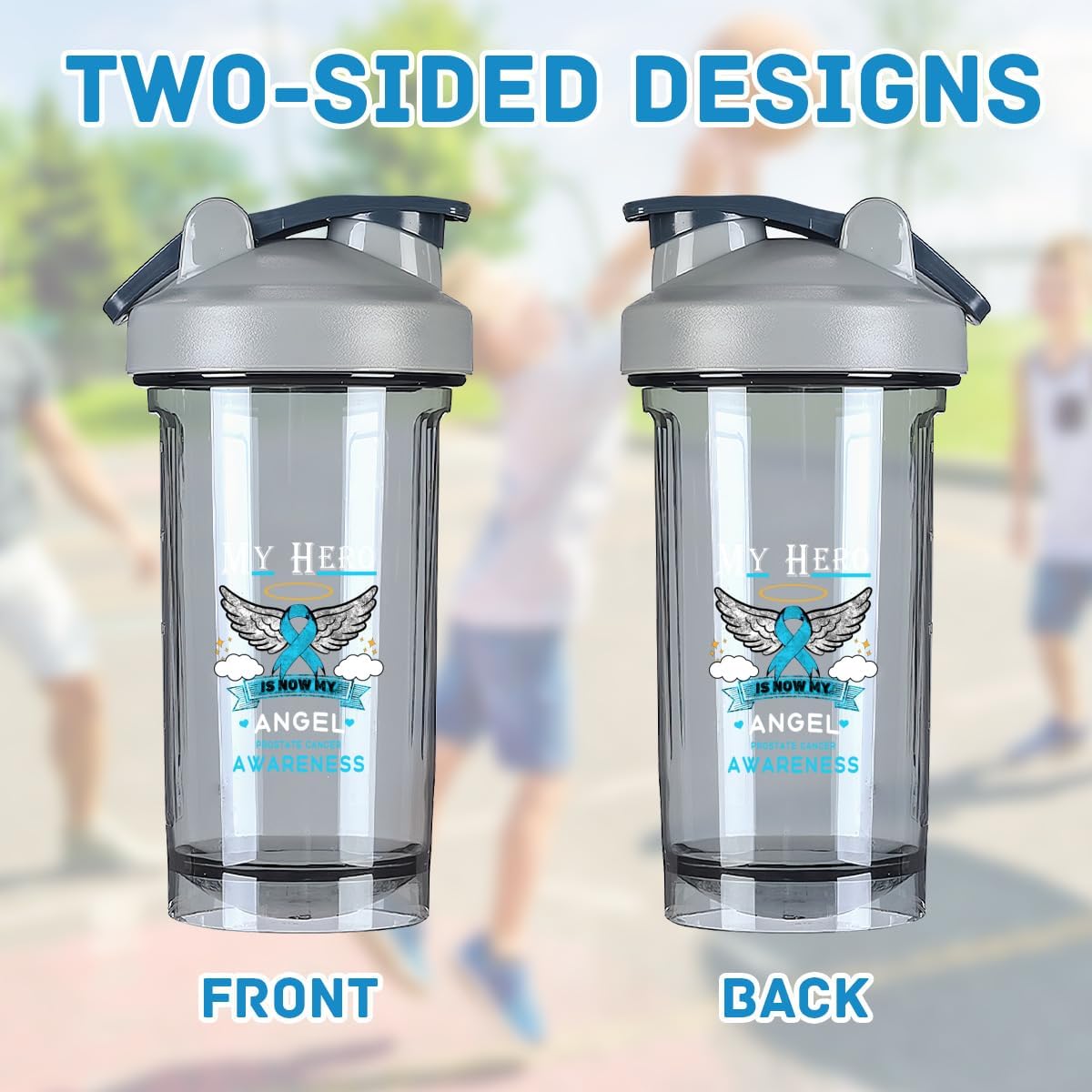 Prostate Cancer Awareness Shaker Bottle - Leak-proof Mixer for Protein Shakes & Meal Replacements - 18 oz Gray