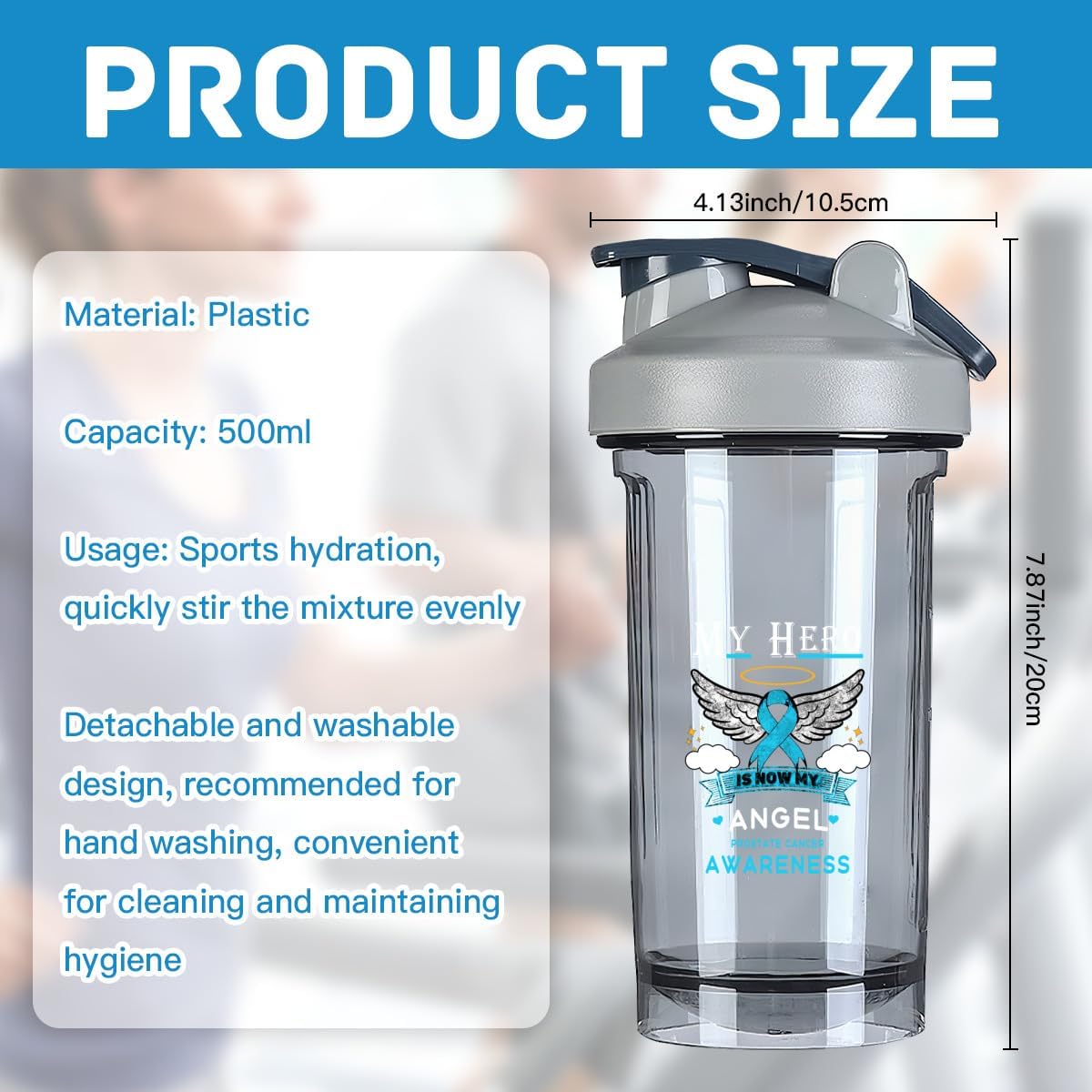 Prostate Cancer Awareness Shaker Bottle - Leak-proof Mixer for Protein Shakes & Meal Replacements - 18 oz Gray