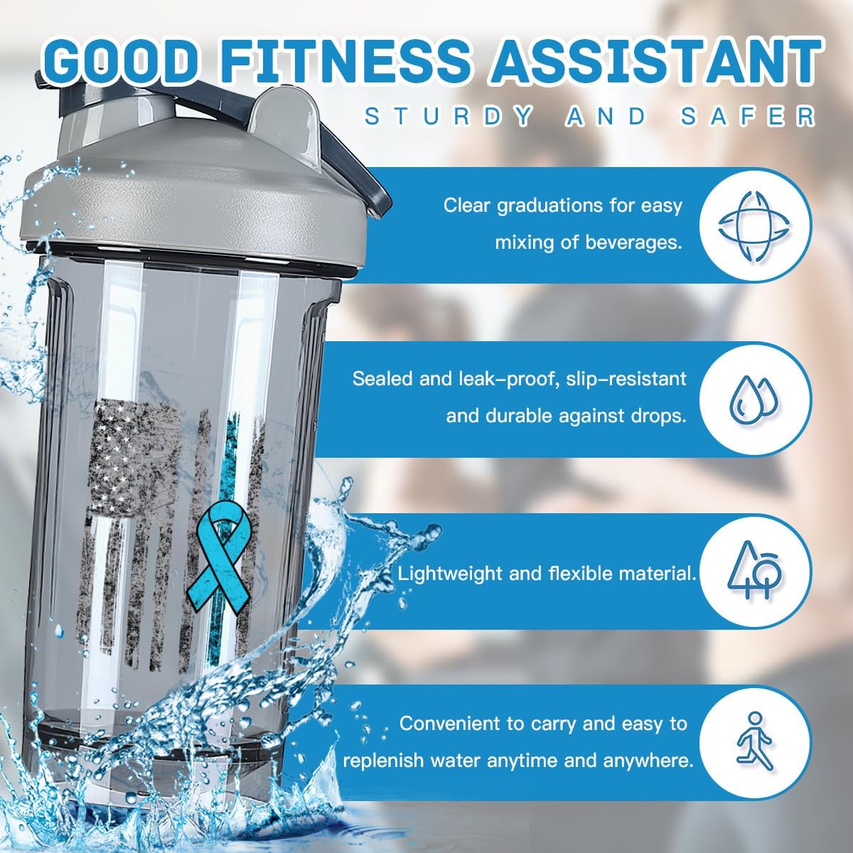 Prostate Cancer Awareness USA Flag Shaker Bottle 18oz - Leak-proof Protein Shake Mixer - Grey Meal Replacement Bottle