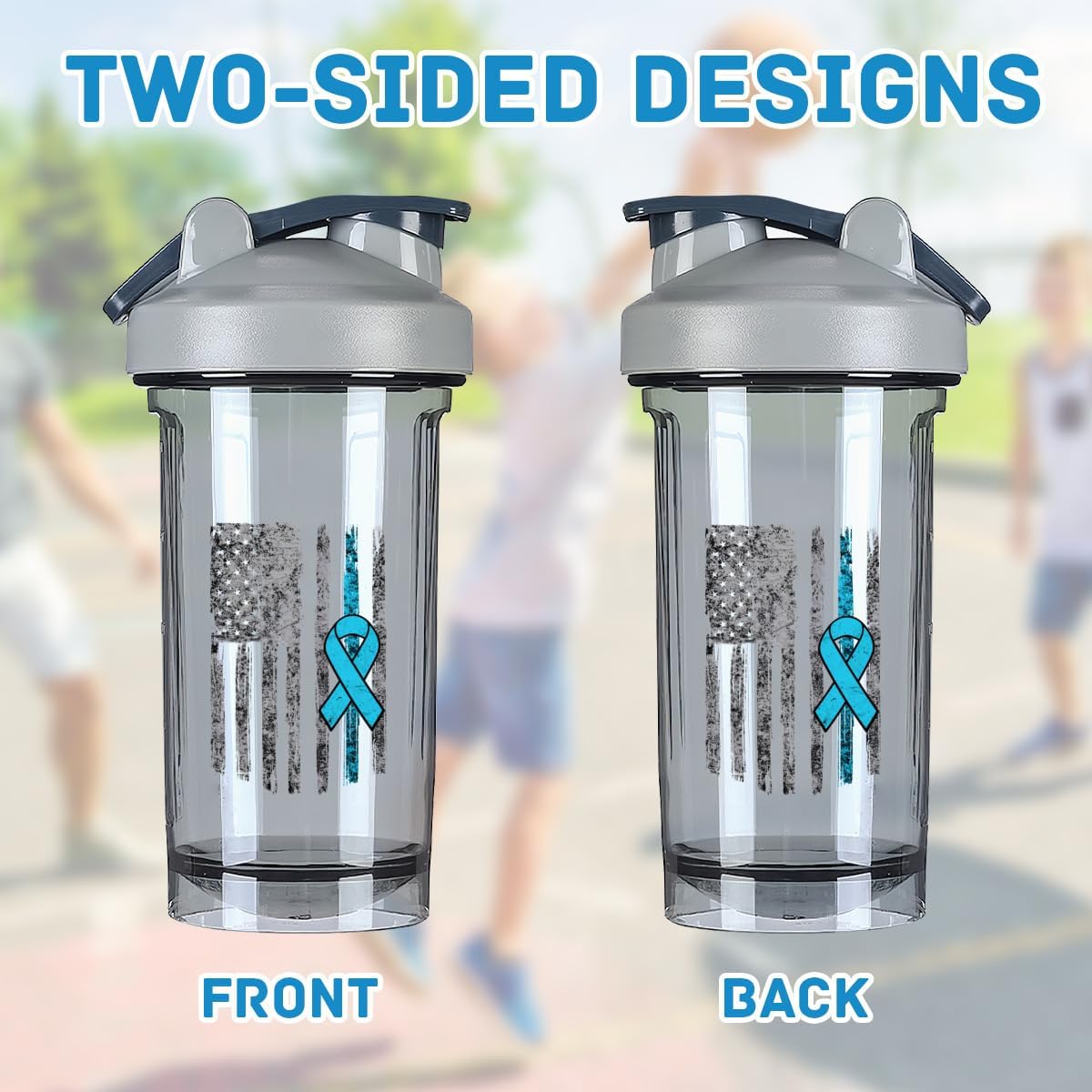Prostate Cancer Awareness USA Flag Shaker Bottle 18oz - Leak-proof Protein Shake Mixer - Grey Meal Replacement Bottle
