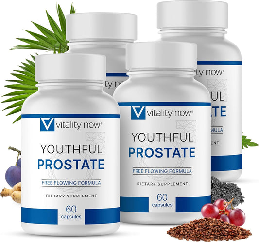 Prostate Supplement for Men - Vitality Now Youthful Prostate Pack of 4, Saw Palmetto with Ginseng, Antioxidants, Vitamin E & Lycopene, Promotes Well-Being & Energy Boost