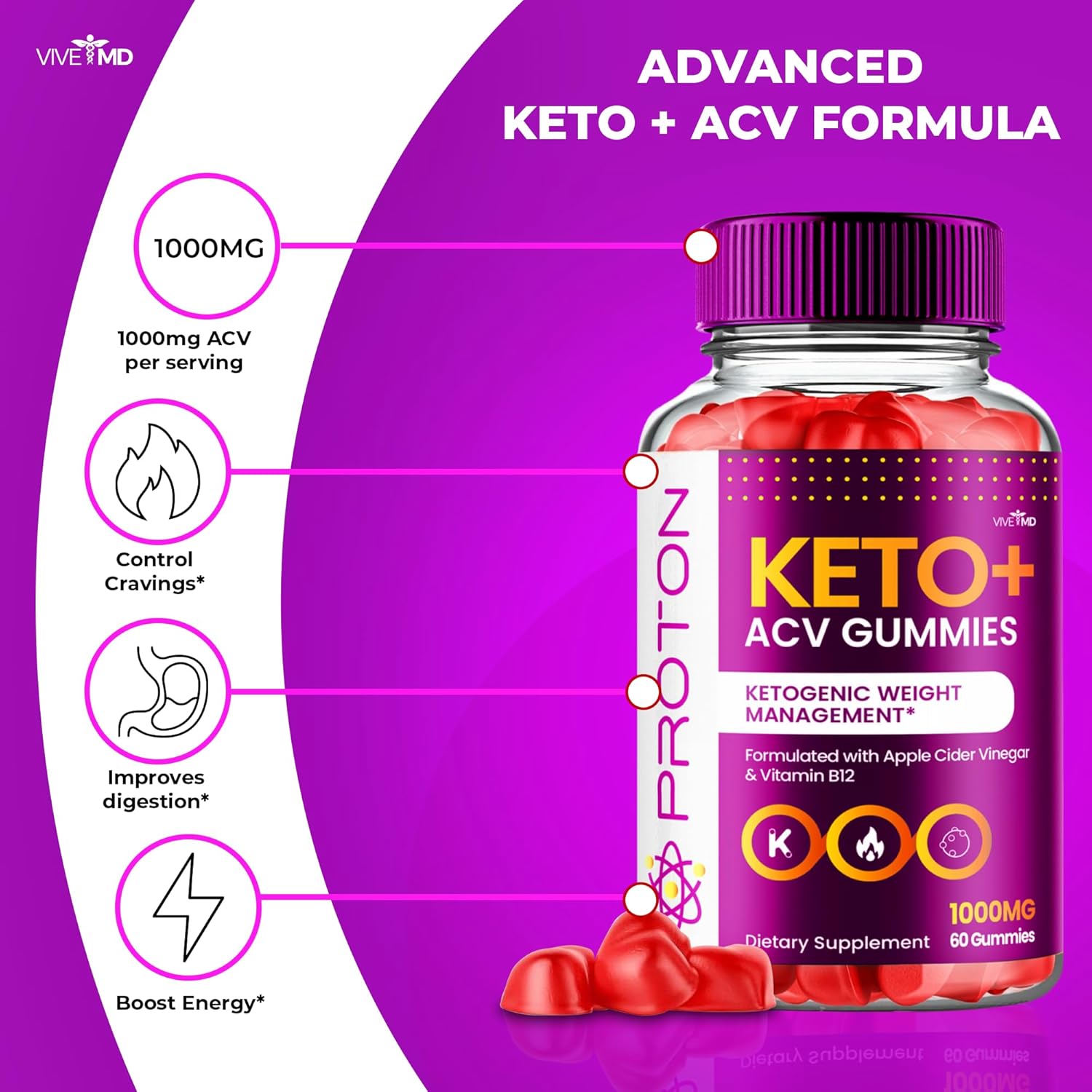 Proton Keto Plus ACV Gummies for Advanced Weight Management - 1000mg Supplement - 1 Pack Reviews