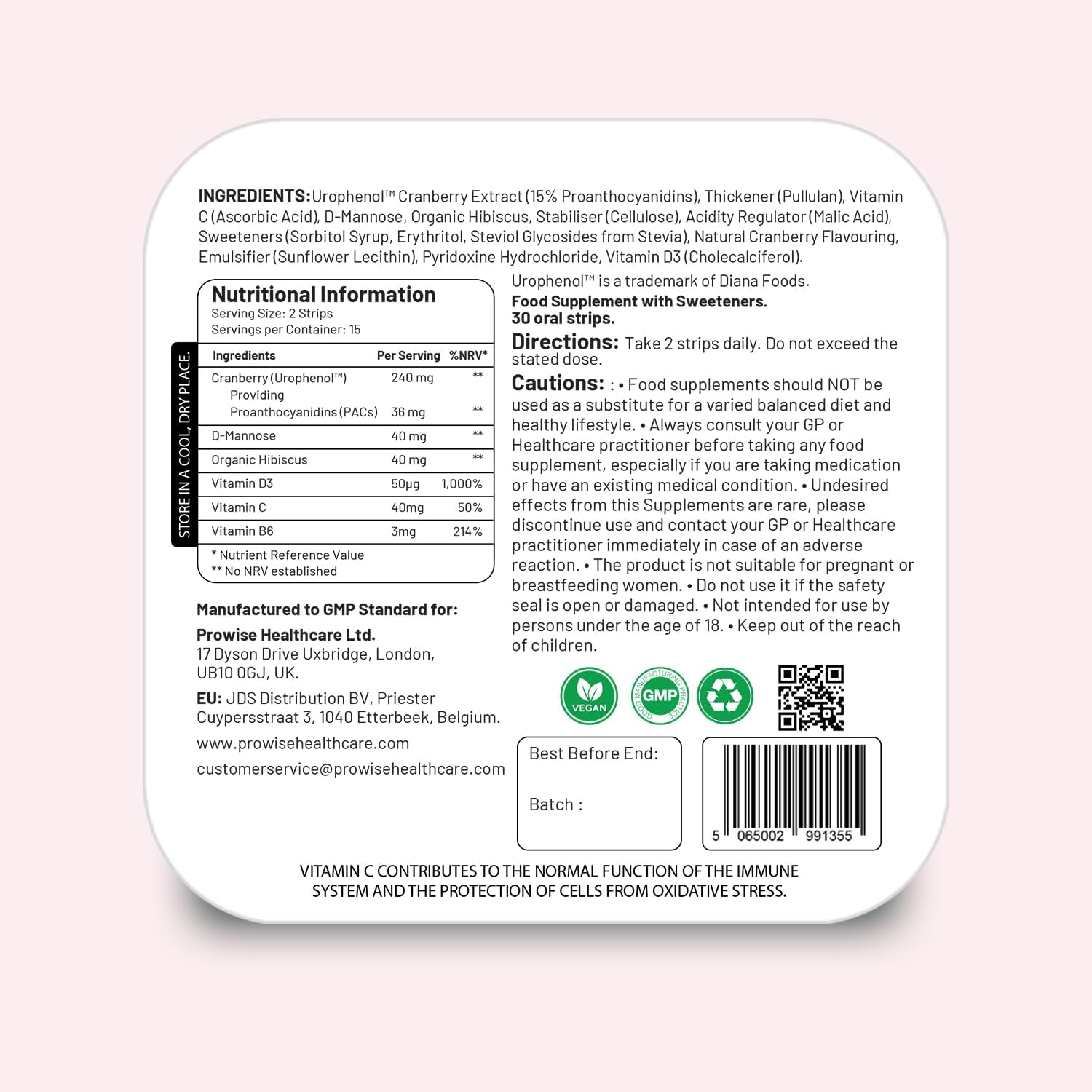 Prowise Healthcare PROSTRIP® Cranberry Urophenol™ Oral Vegan Strips with Proanthocyanidins & Essential Vitamins - 30 Strips