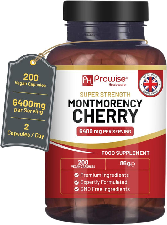 Prowise Montmorency Cherry 6400mg Capsules - Natural Tart Cherry Extract Supplement - Super Strength for Men & Women - Gluten Free, Vegan, GMO Free - Made in UK