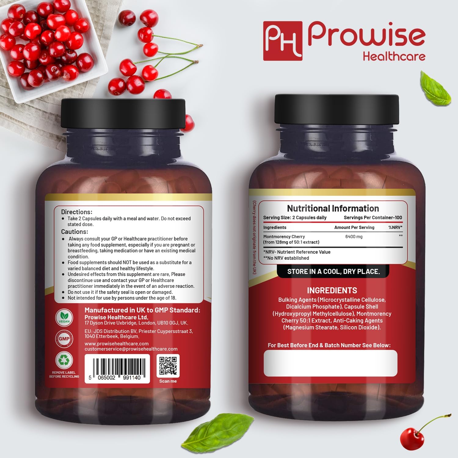 Prowise Montmorency Cherry 6400mg Capsules - Natural Tart Cherry Extract Supplement - Super Strength for Men & Women - Gluten Free, Vegan, GMO Free - Made in UK