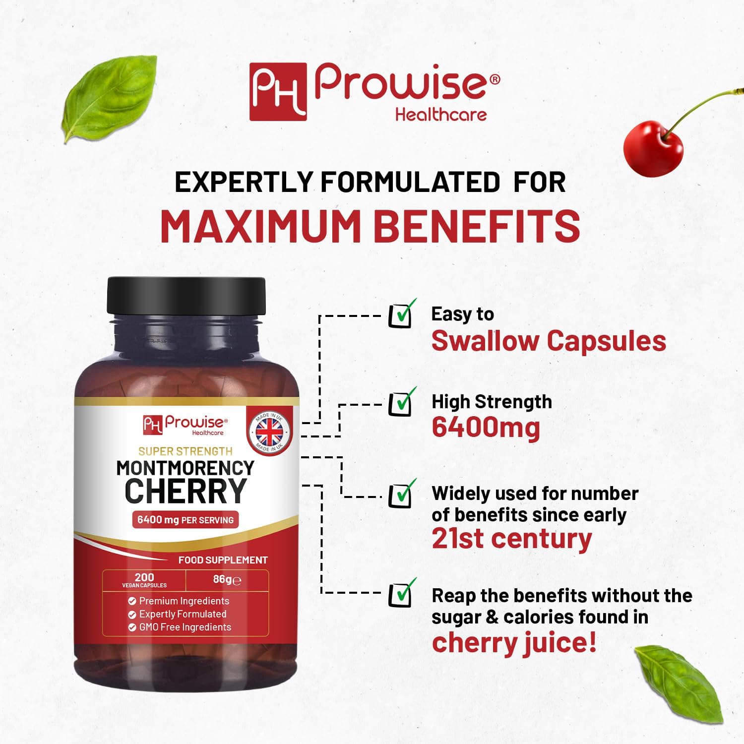 Prowise Montmorency Cherry 6400mg Capsules - Natural Tart Cherry Extract Supplement - Super Strength for Men & Women - Gluten Free, Vegan, GMO Free - Made in UK