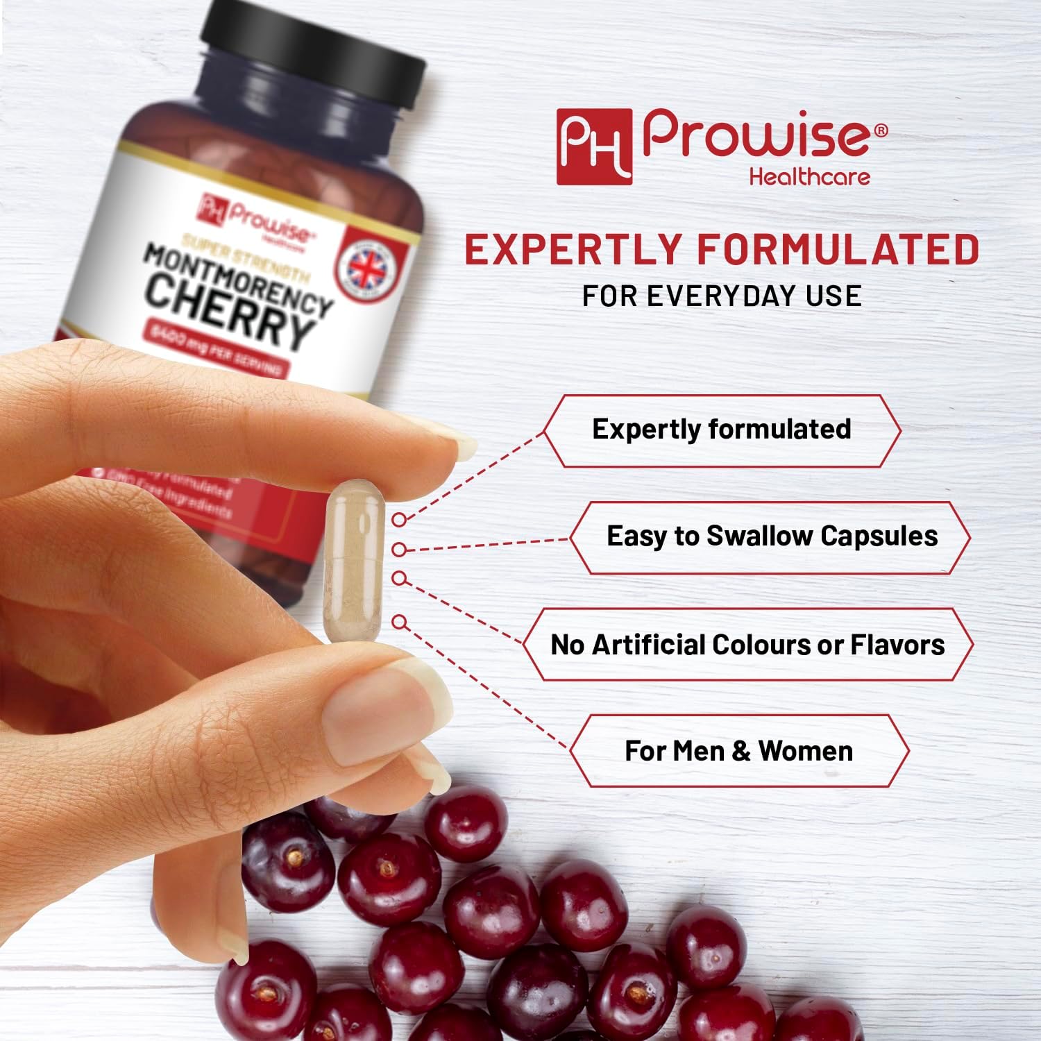 Prowise Montmorency Cherry 6400mg Capsules - Natural Tart Cherry Extract Supplement - Super Strength for Men & Women - Gluten Free, Vegan, GMO Free - Made in UK