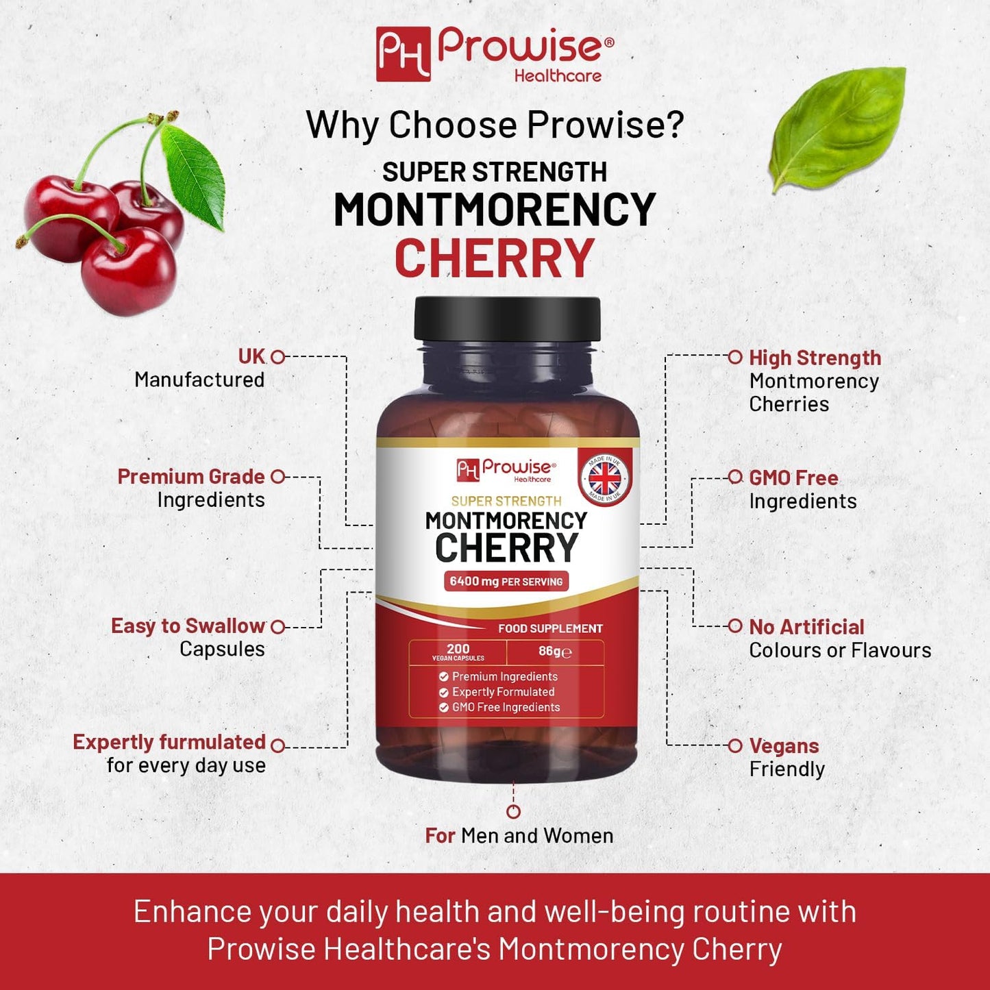 Prowise Montmorency Cherry 6400mg Capsules - Natural Tart Cherry Extract Supplement - Super Strength for Men & Women - Gluten Free, Vegan, GMO Free - Made in UK