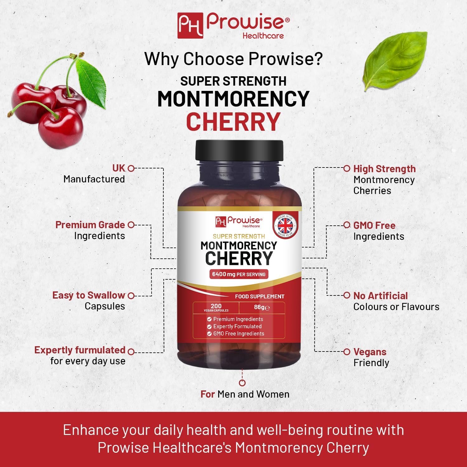 Prowise Montmorency Cherry 6400mg Capsules - Natural Tart Cherry Extract Supplement - Super Strength for Men & Women - Gluten Free, Vegan, GMO Free - Made in UK