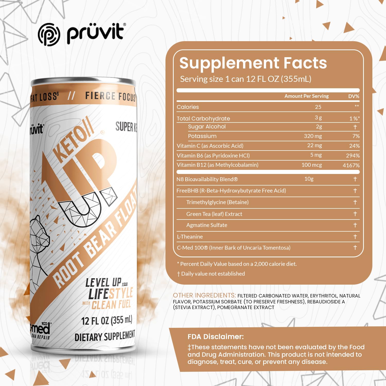 PRÜVIT Root Beer Float Keto//Up® Drink - Ready-to-Drink Ketones for Focus - 12 Pack for Men and Women
