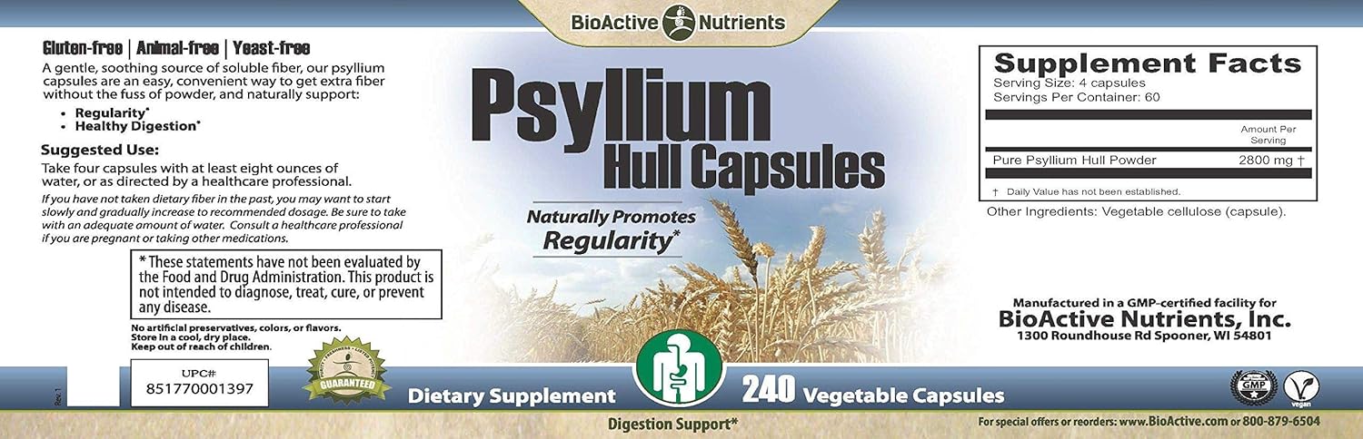 Psyllium Husk Fiber Capsules - 60 Count - Sugar-Free BioActive Nutrients Supplement