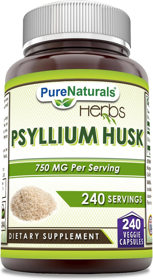 Psyllium Husk Supplement 750mg - 240 Veggie Capsules - Non-GMO & Gluten-Free - Made in USA from Pure Naturals