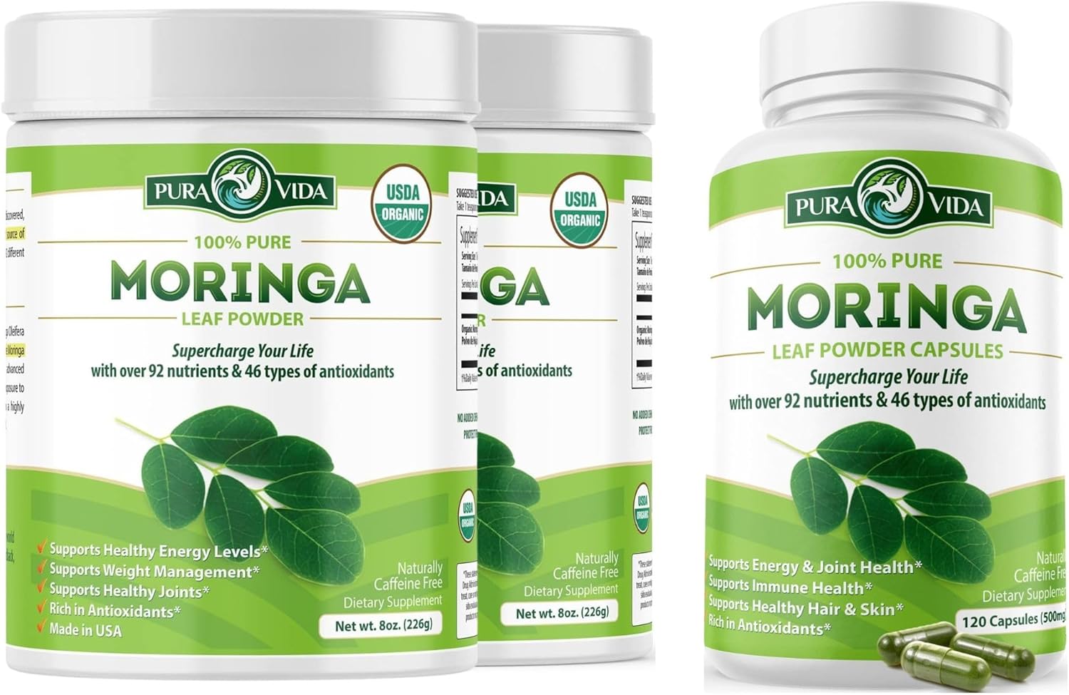 PURA VIDA Moringa Powder Capsules - 8 oz (Pack of 2) - 120 Count