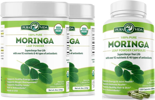 PURA VIDA Moringa Powder Capsules - 8 oz (Pack of 2) - 120 Count