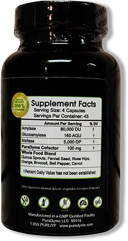 PuraDyme Amylase Enzyme Supplement - 180 Capsules for Digestive Health and Nutrient Absorption