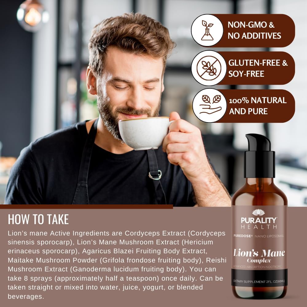 PURALITY HEALTH Lion’s Mane Complex with Nano Liposomal for Brain Health & Nerve Support - Memory & Focus, Reishi, Cordyceps, Maitake - 30 Day Supply