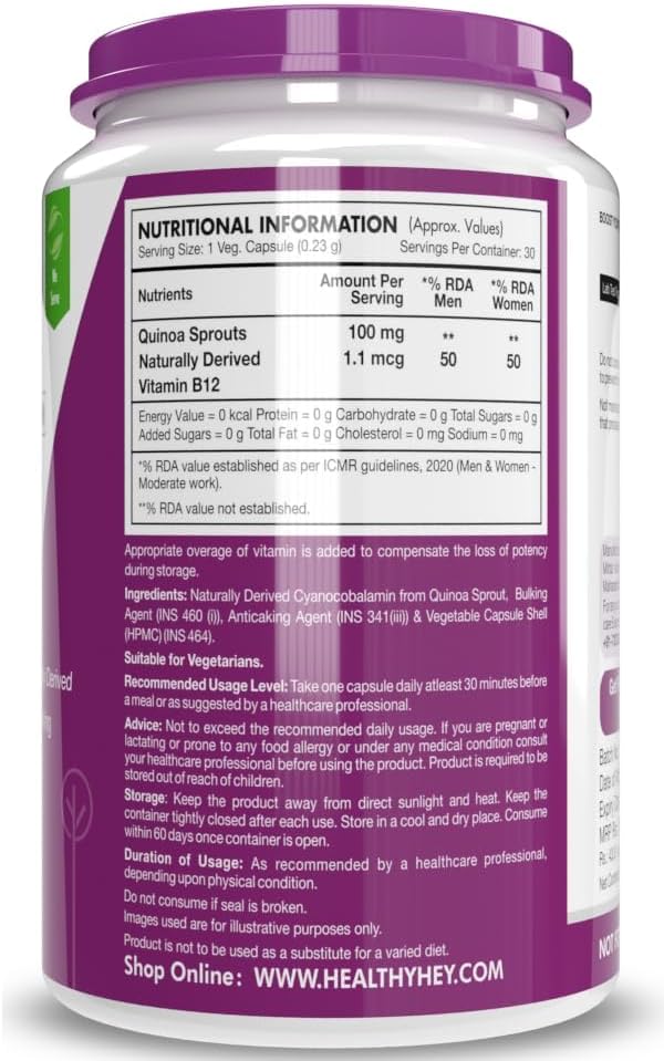 Pure 100% Natural Vitamin B12 Capsules for Immune Health - Non-Synthetic, Chemical-Free Vegan Supplement
