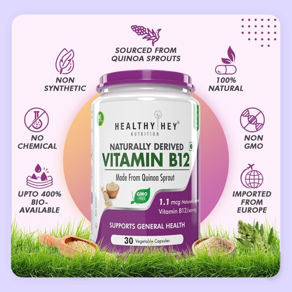 Pure 100% Natural Vitamin B12 Capsules for Immune Health - Non-Synthetic, Chemical-Free Vegan Supplement