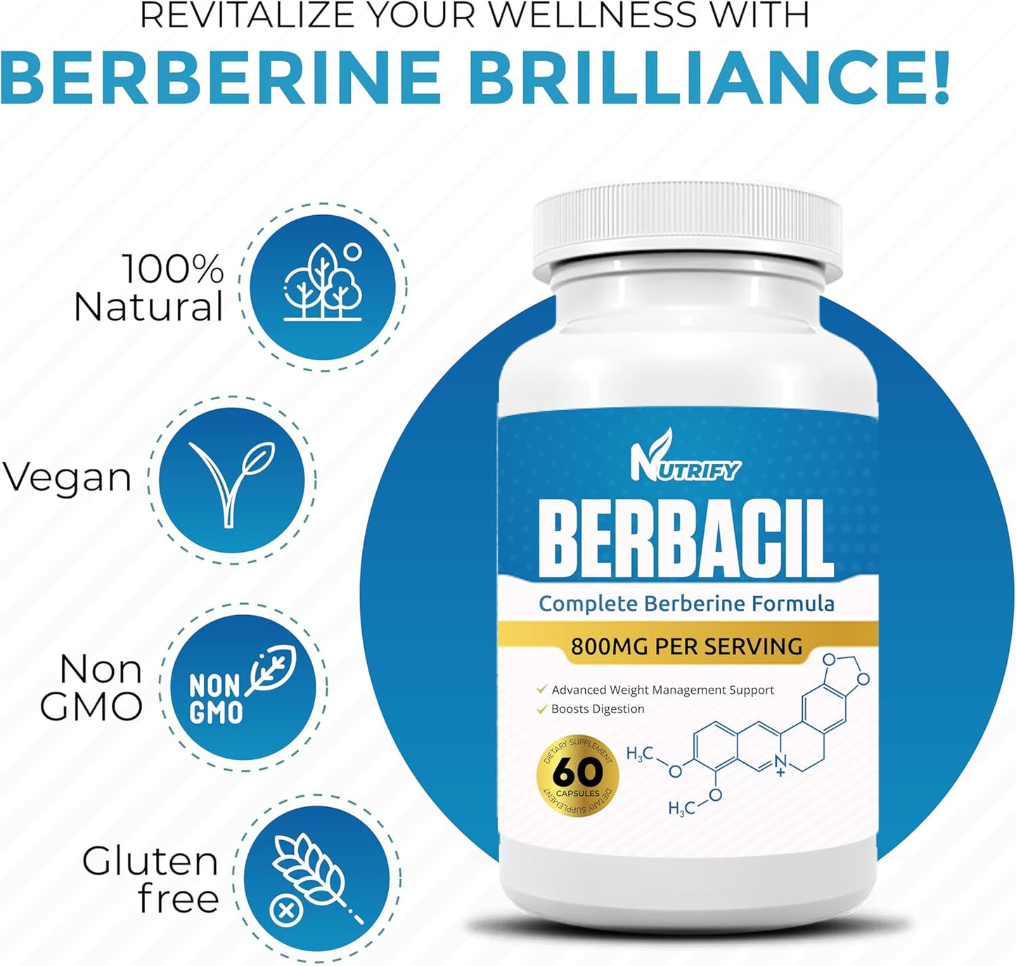 Pure Berbacil Berberine Supplement - 800mg, Highest Absorption, Non-GMO, Made in USA