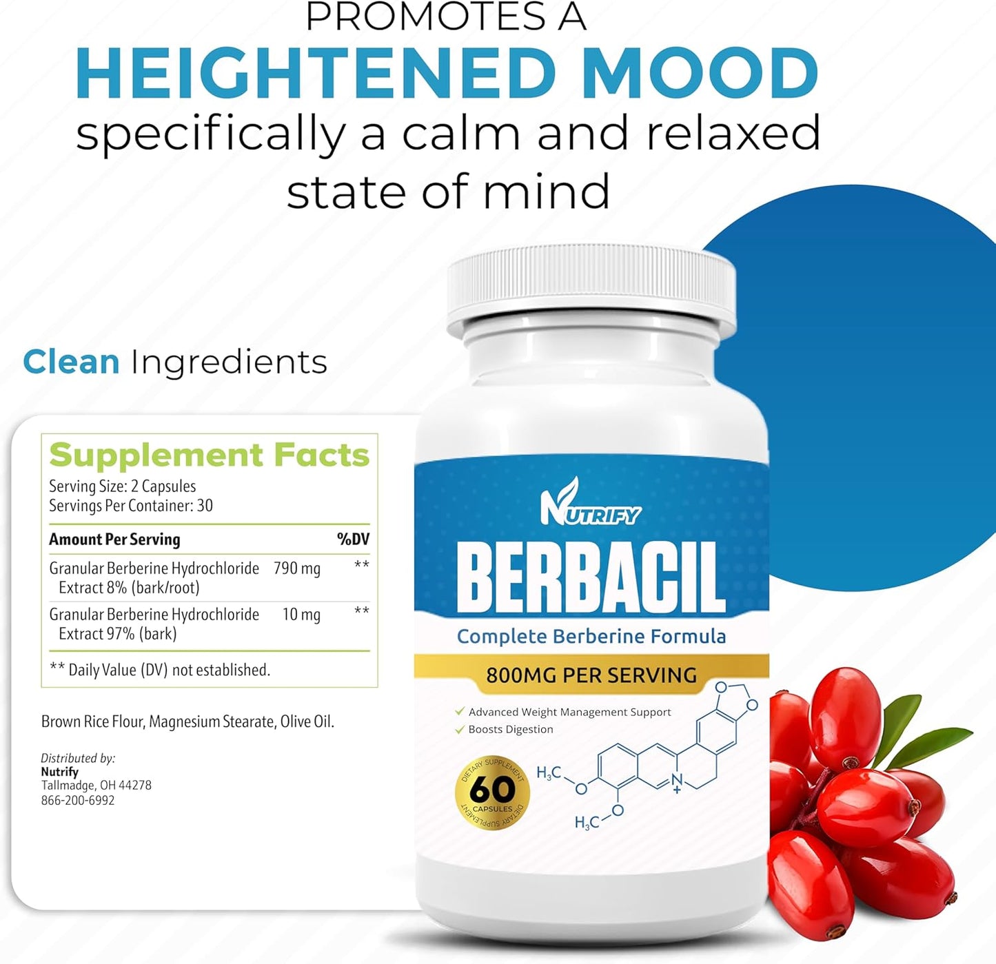Pure Berbacil Berberine Supplement - 800mg, Highest Absorption, Non-GMO, Made in USA