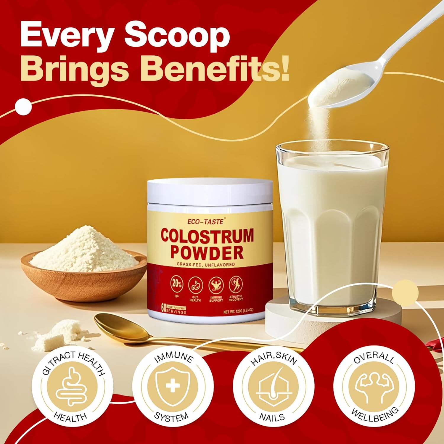 Pure Bovine Colostrum Powder - 20% IgG Concentration, Gluten-Free Superfood, Unflavored, 60 Servings
