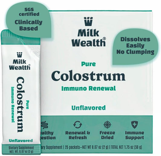 Pure Bovine Colostrum Superfood with Immune Support - Freeze-Dried, Unflavored, Nutrient-Rich, 25 Packets (2g Each), 50g Total Weight