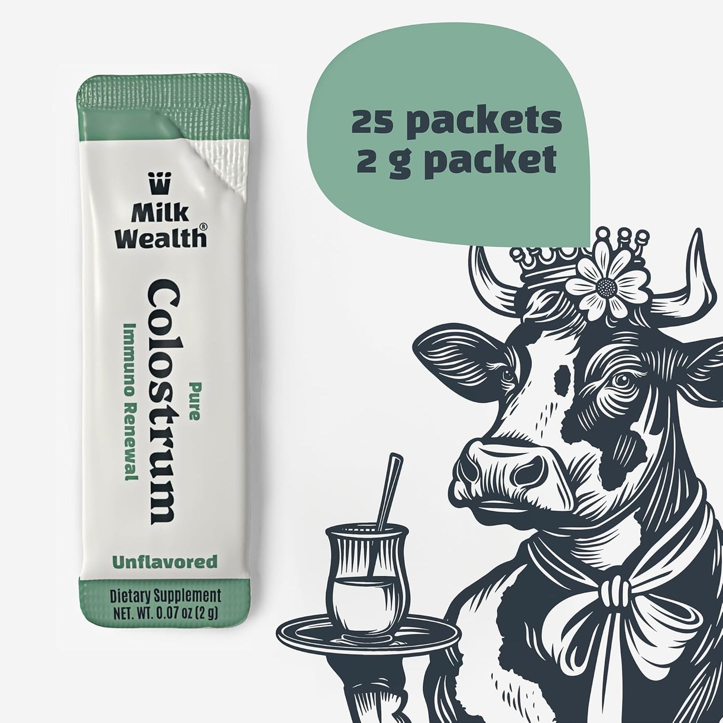 Pure Bovine Colostrum Superfood with Immune Support - Freeze-Dried, Unflavored, Nutrient-Rich, 25 Packets (2g Each), 50g Total Weight