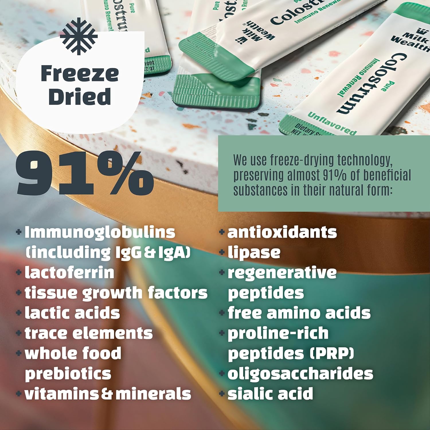 Pure Bovine Colostrum Superfood with Immune Support - Freeze-Dried, Unflavored, Nutrient-Rich, 25 Packets (2g Each), 50g Total Weight