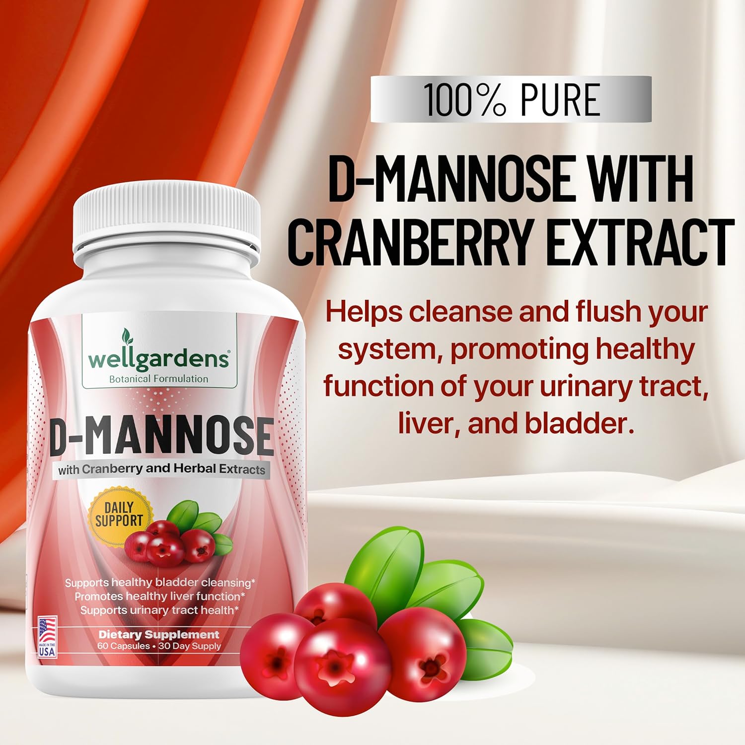 Pure D-Mannose with Cranberry Extract Capsules - Supports Urinary Tract Health, Liver and Bladder, Non-GMO Formula