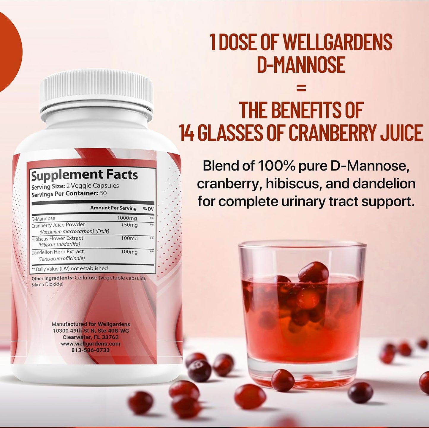 Pure D-Mannose with Cranberry Extract Capsules - Supports Urinary Tract Health, Liver and Bladder, Non-GMO Formula