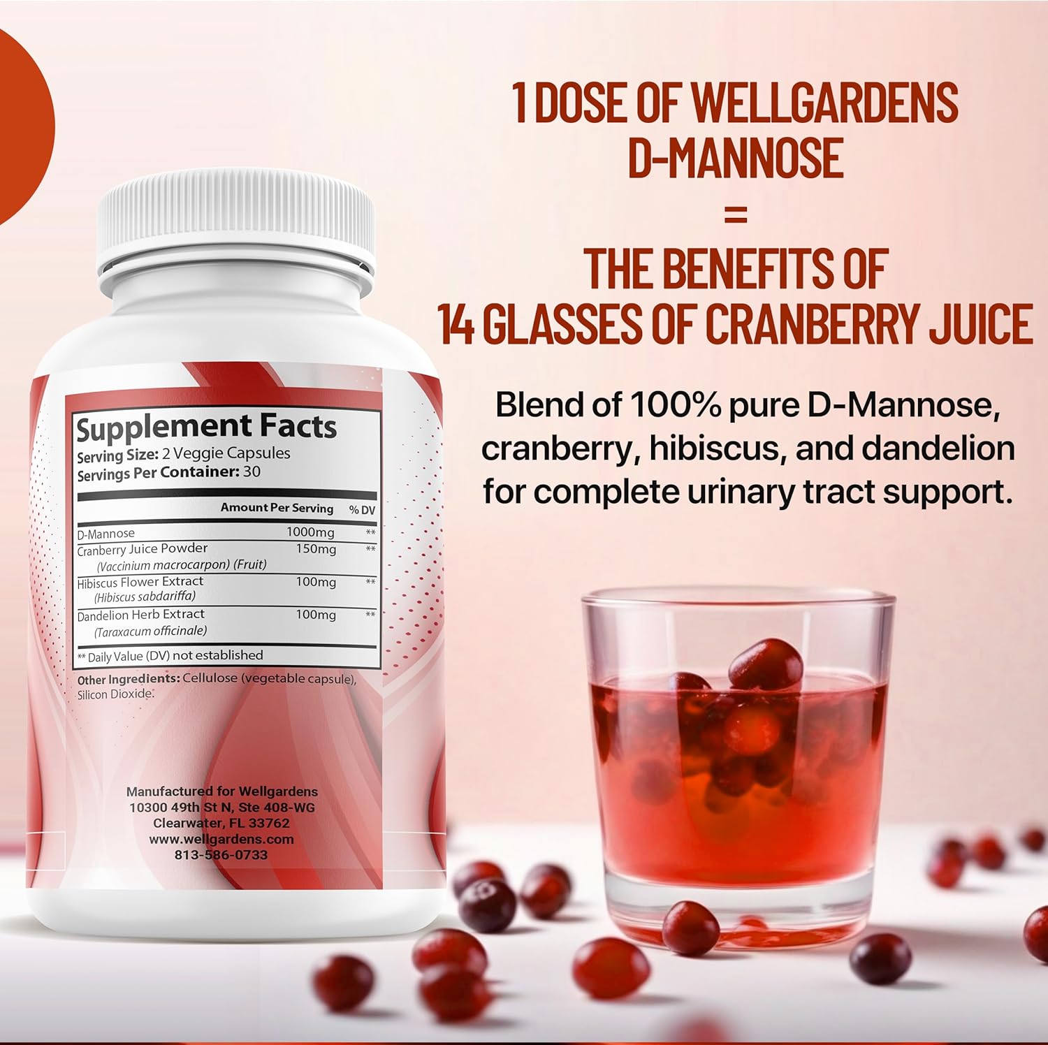 Pure D-Mannose with Cranberry Extract Capsules - Supports Urinary Tract Health, Liver and Bladder, Non-GMO Formula