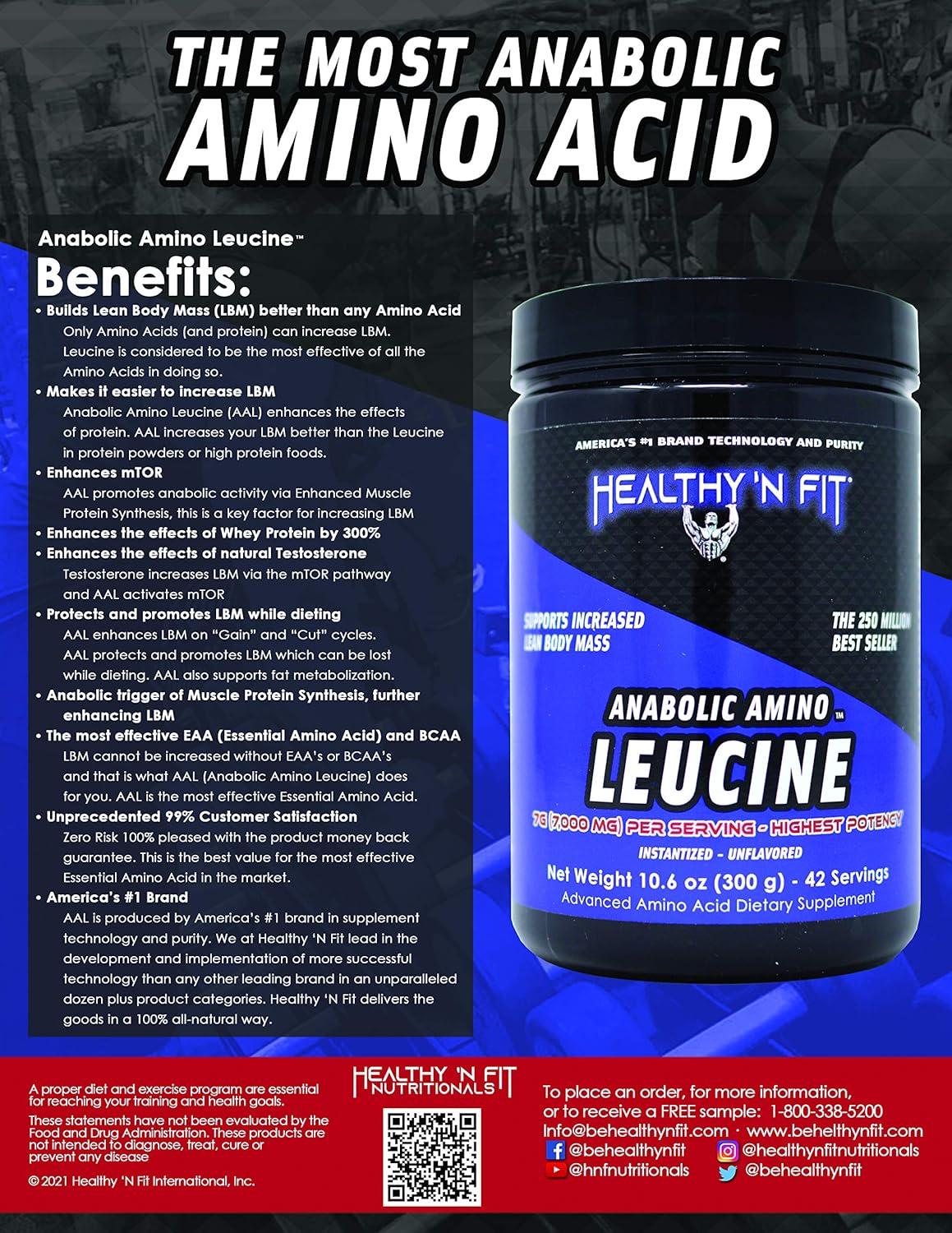 Pure Instant L-Leucine Powder - 300g (42 Servings) by HEALTHY 'N FIT Anabolic Amino