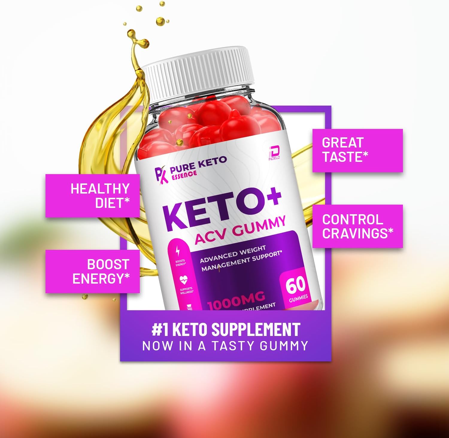 Pure Keto Essence ACV Gummies Supplement - Apple Cider Vinegar 1000MG, Vitamin B12, 2 Pack 120 Gummies