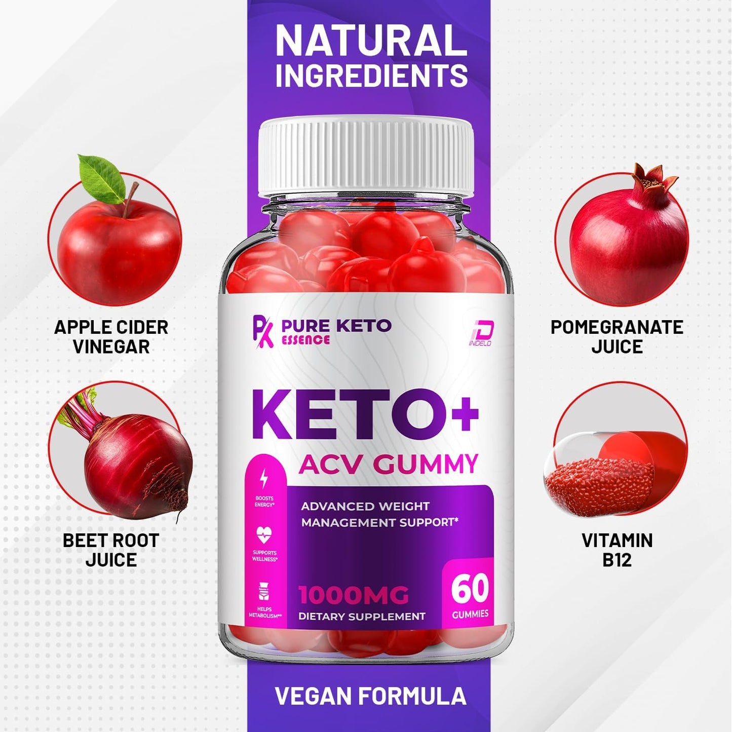 Pure Keto Essence ACV Gummies Supplement - Apple Cider Vinegar 1000MG, Vitamin B12, 2 Pack 120 Gummies
