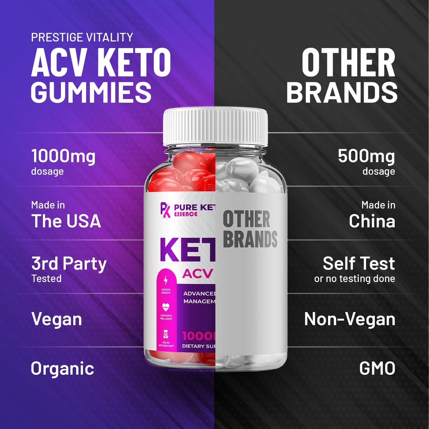 Pure Keto Essence ACV Gummies Supplement - Apple Cider Vinegar 1000MG, Vitamin B12, 2 Pack 120 Gummies