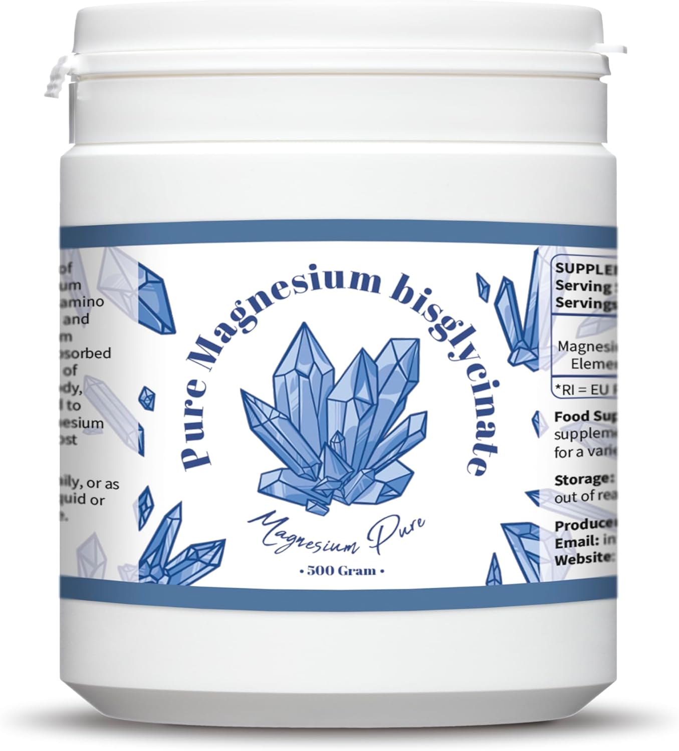 Pure Magnesium Bisglycinate Powder - 200mg Elemental Magnesium per gram - No Magnesium Stearate - 500 Servings