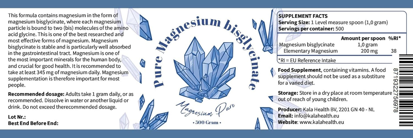 Pure Magnesium Bisglycinate Powder - 200mg Elemental Magnesium per gram - No Magnesium Stearate - 500 Servings