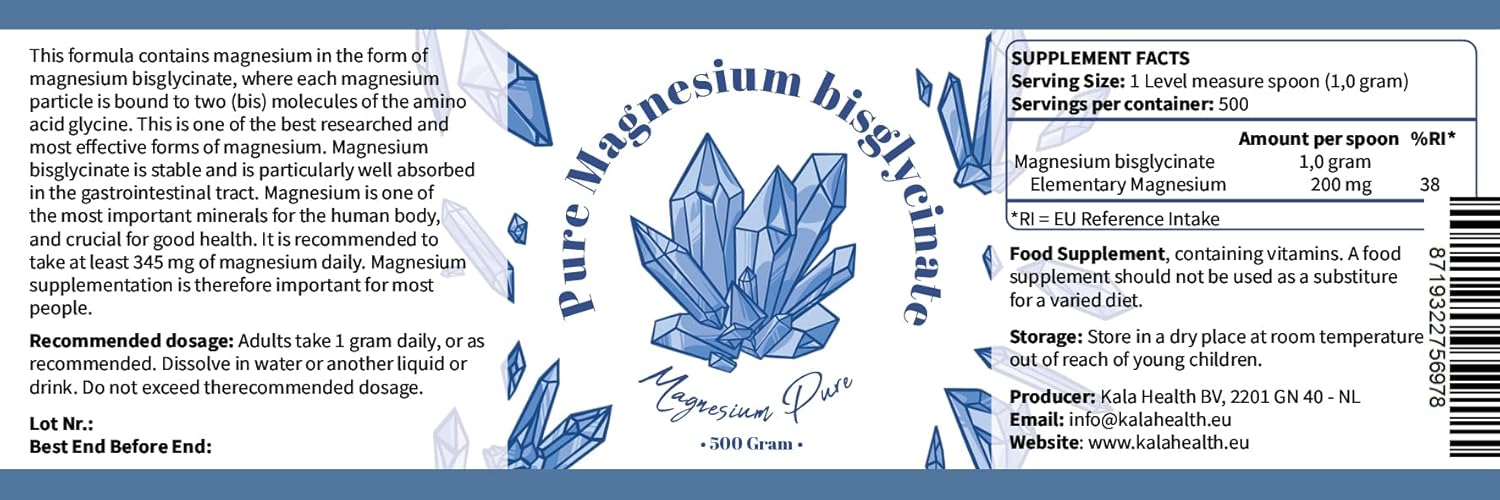 Pure Magnesium Bisglycinate Powder - 200mg Elemental Magnesium per gram - No Magnesium Stearate - 500 Servings