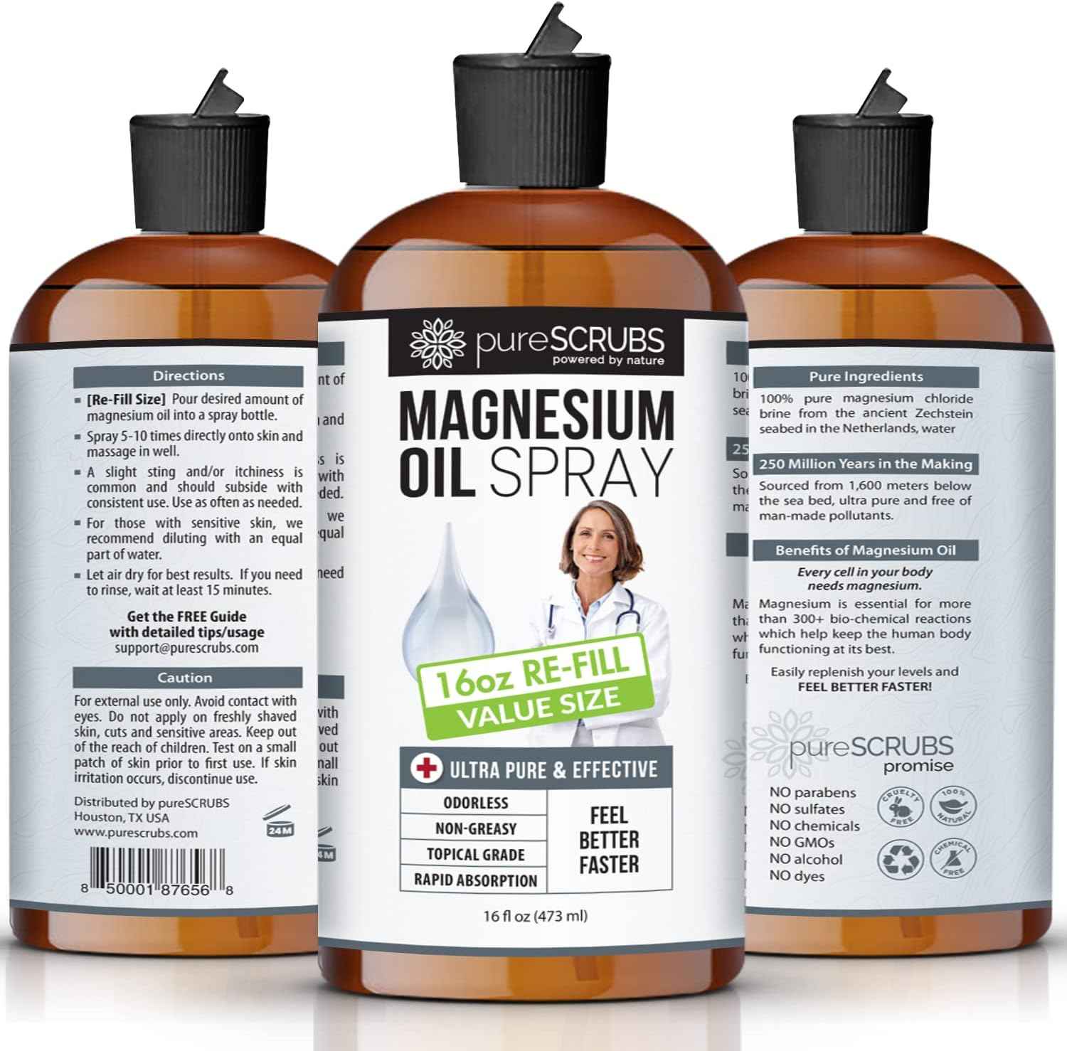 Pure Magnesium Oil, Best Value - Large 16oz Re-Fill Size (12 Month Supply), Organic Zechstein Brine - Feel Better Faster.