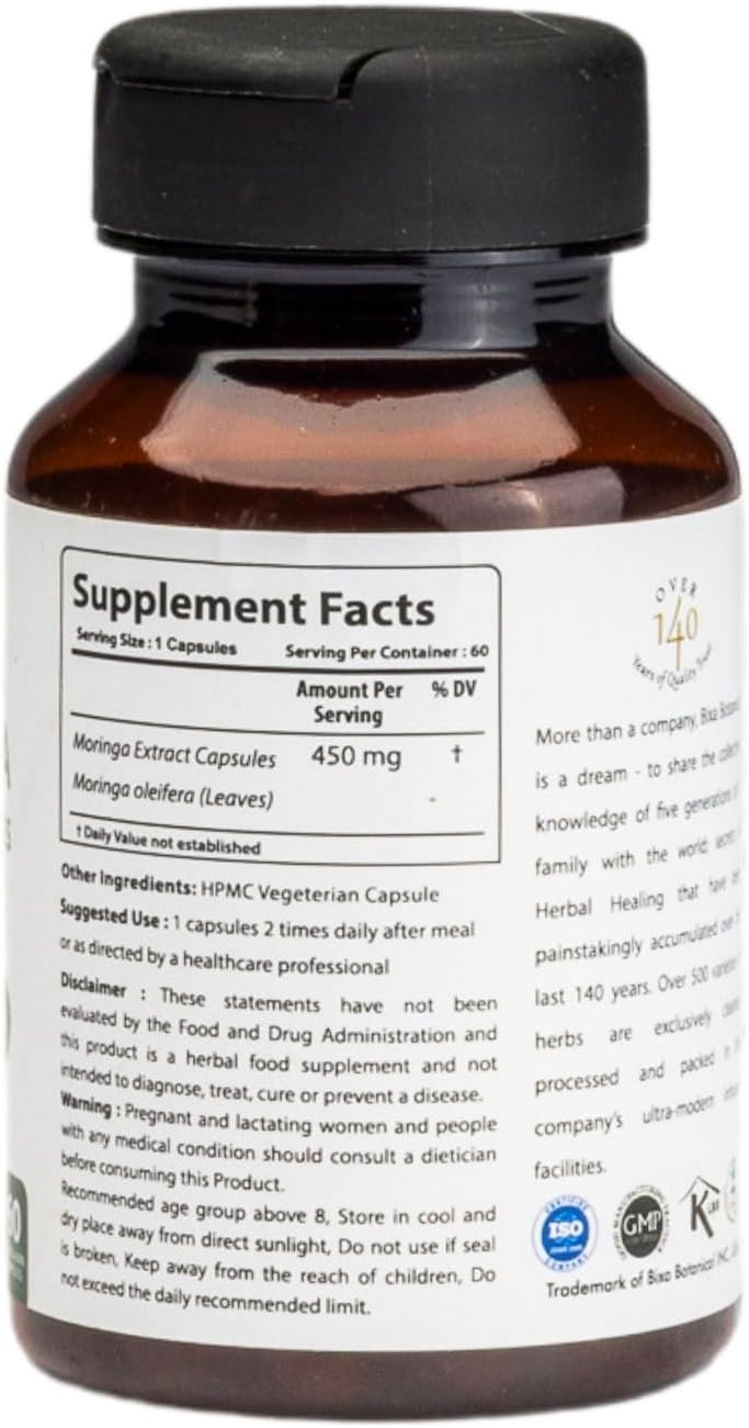 Pure Natural Moringa Leaf Extract Capsules - Multi-Vitamin Green Superfood Supplement (60 Count)