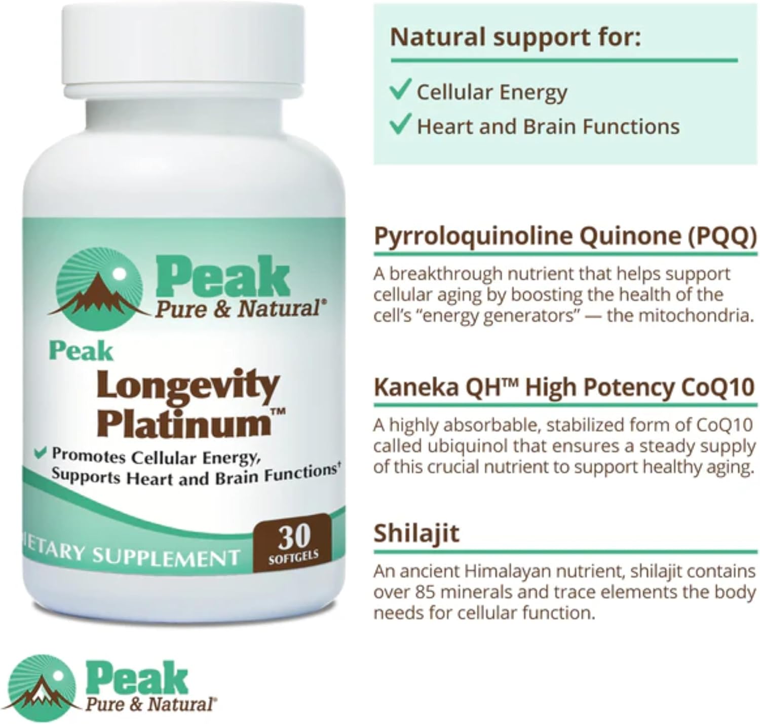 Pure & Natural Peak Longevity Platinum PQQ Supplement with CoQ10 & Shilajit - Mitochondrial Energy Boost for Healthy Aging - 30 Softgels