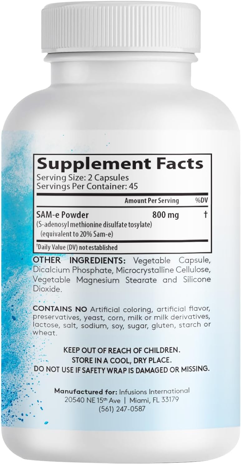 Pure SAM-e 800mg - 90 Vegetable Capsules - Extra Strength - Gluten Free - Non-GMO - Infusions International