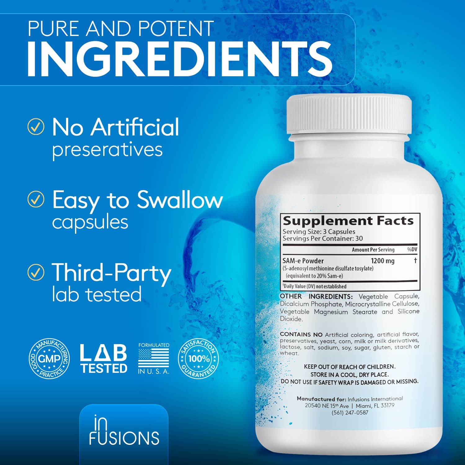 Pure SAM-e 800mg - 90 Vegetable Capsules - Extra Strength - Gluten Free - Non-GMO - Infusions International