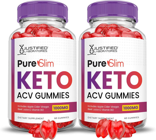 Pure Slim Keto ACV Gummies (2 Pack) - 1000MG Advanced Formula with Apple Cider Vinegar, Pomegranate, Beet Juice Powder, B12 - Vegan, Non GMO - 120 Gummys
