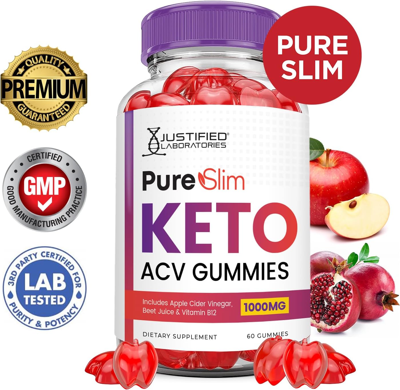 Pure Slim Keto ACV Gummies (2 Pack) - 1000MG Advanced Formula with Apple Cider Vinegar, Pomegranate, Beet Juice Powder, B12 - Vegan, Non GMO - 120 Gummys