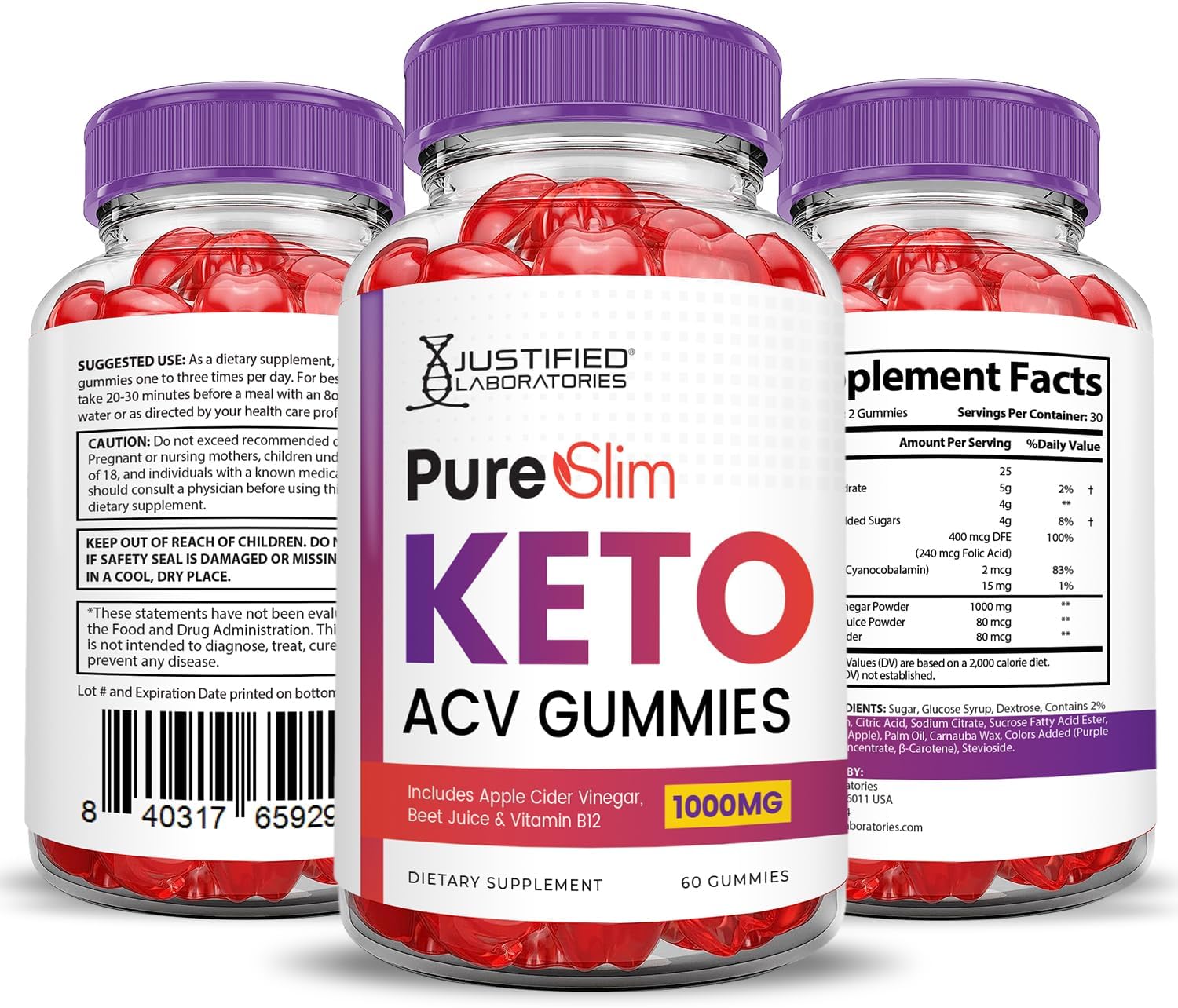 Pure Slim Keto ACV Gummies (2 Pack) - 1000MG Advanced Formula with Apple Cider Vinegar, Pomegranate, Beet Juice Powder, B12 - Vegan, Non GMO - 120 Gummys