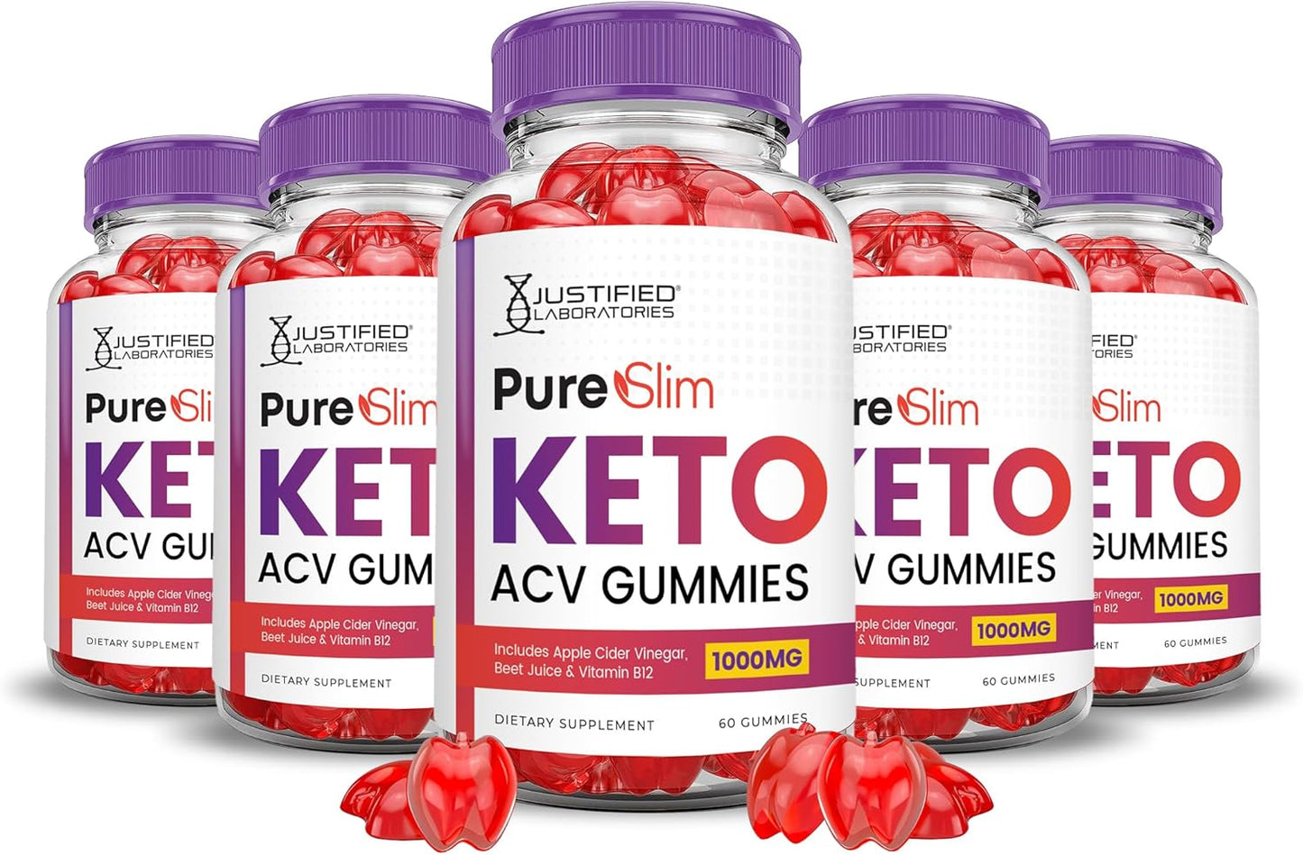 Pure Slim Keto ACV Gummies (5 Pack) - Advanced Formula 1000MG with Pomegranate Beet Juice Powder, B12 - Vegan Non GMO - 300 Gummies